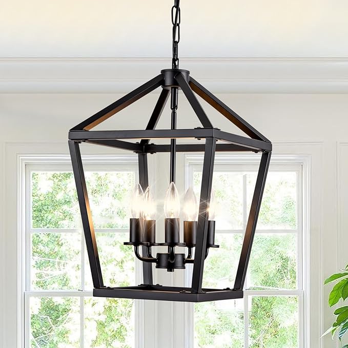 5-Light Black Pendant Lights Kitchen Island, 13 Inch Farmhouse Pendant Light, Adjustable Height Iron Lantern Black Pendant Light Fixtures, Cage Farmhouse Chandelier Island Lights for Kitchen Foyer