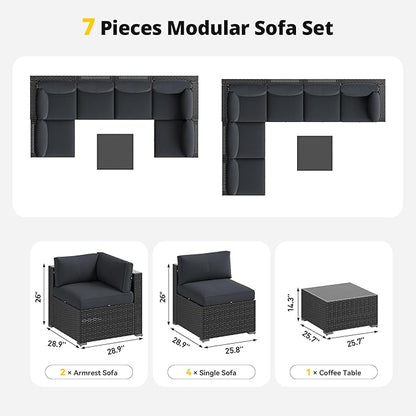 Aoxun 7 Piece Patio Furniture Set, Outdoor Sectional Sofas with Waterprool Cover, Wicker Rattan Outdoor Furniture Patio Conversation Set for Backyard, Garden Dark Grey