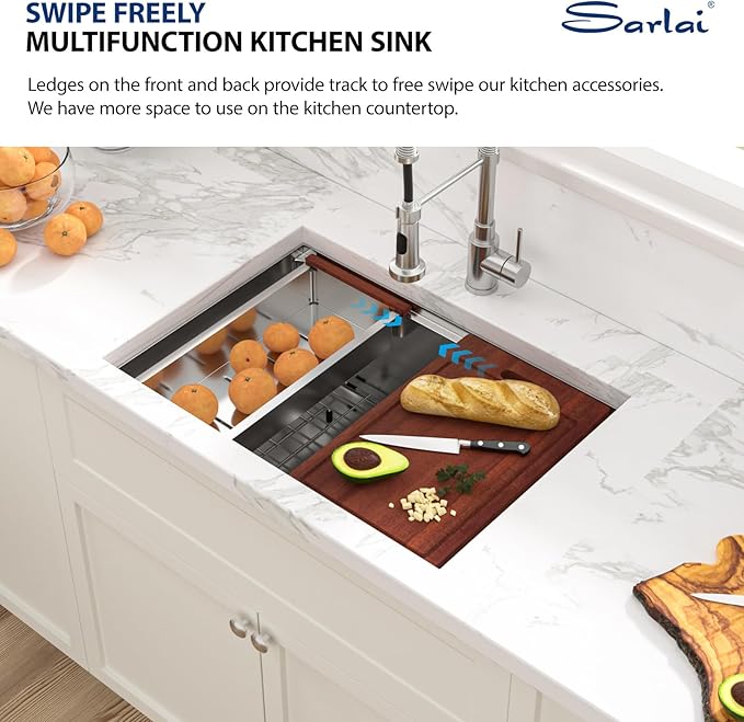 Sarlai 26 Undermount Kitchen Sink - 26" x 19" Undermount Kitchen Sinks Workstation Stainless Steel 16 Gauge Single Bowl Under Counter Kitchen Sink Basin With Round Corner Thickened Plate