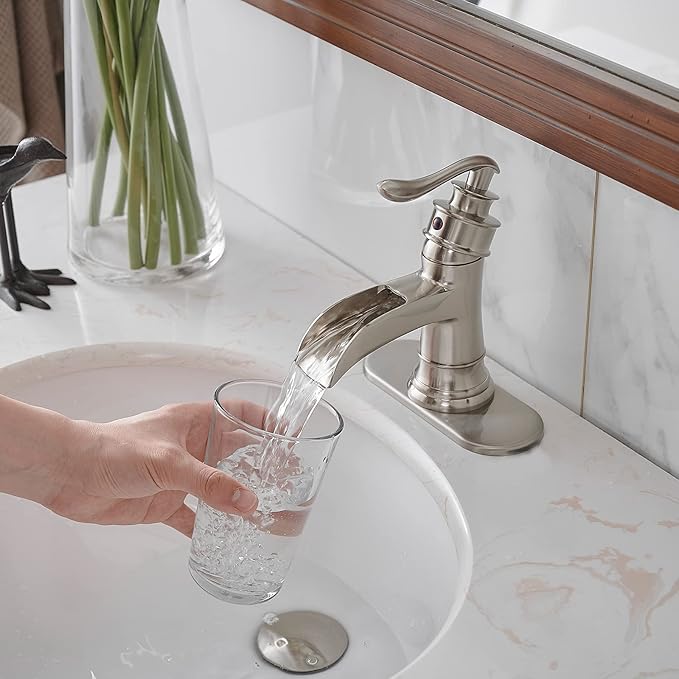 BWE Bathroom Faucet Brushed Nickel Waterfall Single Handle Hole Sink Faucets Bath Vanity Lavatory Vessel Commercial Satin with Water Supply Hose