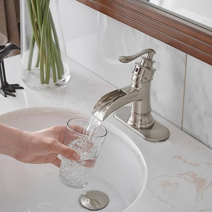 BWE Bathroom Faucet Brushed Nickel Waterfall Single Handle Hole Sink Faucets Bath Vanity Lavatory Vessel Commercial Satin with Water Supply Hose
