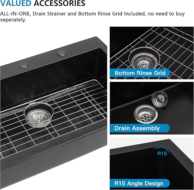 33 Granite Composite Kitchen Sink - Fulorni 33"×22" Granite Kitchen Sink Drop In Topmount Matte Black Quartz Classic Over Mount Single Bowl Sink Basin