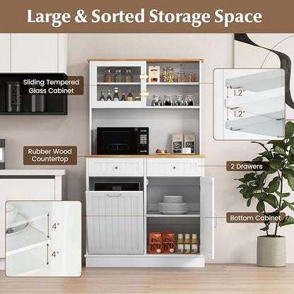 LOKO 68” Tall Kitchen Pantry Cabinet, Wood Sideboard Cupboard with Microwave Countertop, Sliding Glass Door, Freestanding Buffet Hutch with Trash Can Storage, for Home Coffee Bar, White & Natural