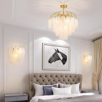 LumFurn 2-Light Gold Wall Sconces, Modern Design Indoor Wall Lamp, Vanity Wall Mount Light Fixture for Bathroom, Hallway, Bedroom, Frosted Feather-Shaped Glass Shade & Brass Finish Frame
