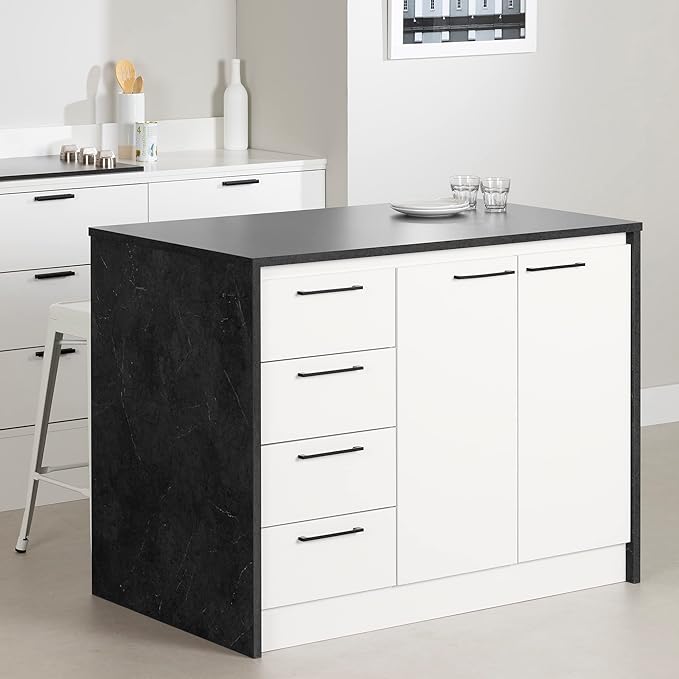 South Shore Myro Kitchen Island Faux Black Stone and White, Contemporary