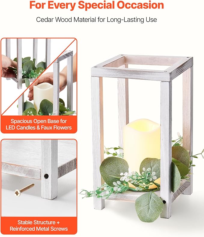 VEVOR 12 Set/36 Pcs Wooden Wedding Lantern Centerpiece, Includes 12 Wooden Lantern Candle Holder 12 Flameless LED Candle 12 Eucalyptus Leaves Wreath for Wedding Table Party Farmhouse Decor, White
