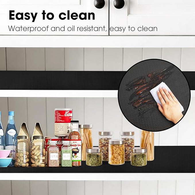Drawer and Shelf Liner, Non-Slip Kitchen Cabinet Liners Non-Adhesive Thick Strong Grip Waterproof Washable Mats Protect Dresser Shelves Cupboard Bathroom Cabinets, Black, 18 in X 20 FT