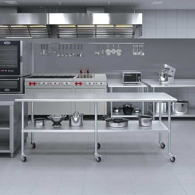 Stainless Steel Work Table with Wheels | NSF Kitchen Island Food Prep | Laundry Garage Utility Bench (Table + Wheels, 96" Long x 30" Deep)