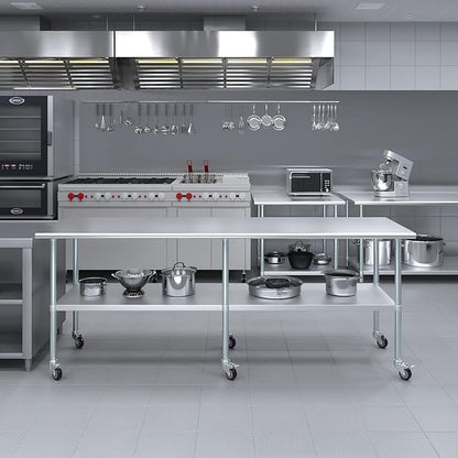 Stainless Steel Work Table with Wheels | NSF Kitchen Island Food Prep | Laundry Garage Utility Bench (Table + Wheels, 96" Long x 30" Deep)