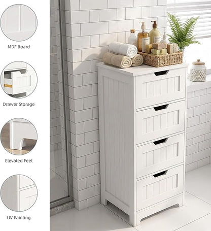 Casaphoria Skinny Bathroom Floor Storage Cabinet, 4-Drawer Narrow Freestanding Tower Cabinet with Anti-Tip Kit, Space-Saving Wooden Organizer for Small Spaces, White