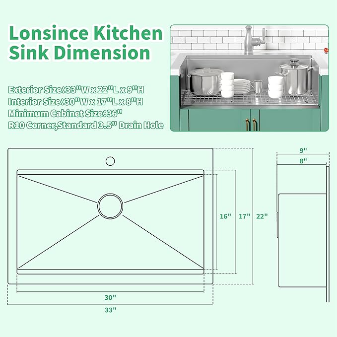 Drop In Kitchen Sink 33" X 22",Top Mount 16 Gauge Stainless Steel Workstation Sink,Deep & Large Single Bowl Kitchen Sinks