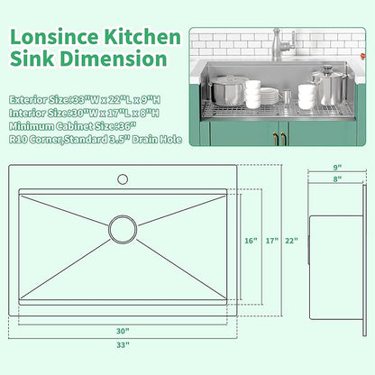 Drop In Kitchen Sink 33" X 22",Top Mount 16 Gauge Stainless Steel Workstation Sink,Deep & Large Single Bowl Kitchen Sinks