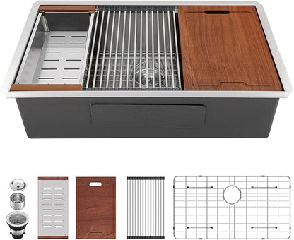 Lordear 33 Undermount Kitchen Sink 33" x 19" Stainless Steel Sinks 16 Gauge Single Bowl Ledge Workstation Handmade Under Counter Kitchen Sink Basin with Built-In Accessories