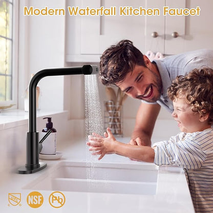 Waterfall Kitchen Faucet with Pull Down Sprayer, ARTIQUA Black Single Handle Kitchen Sink Faucet with Deck Plate Fits 1 or 3 Hole, for Bar RV Laundry Farmhouse Outdoor and Camper