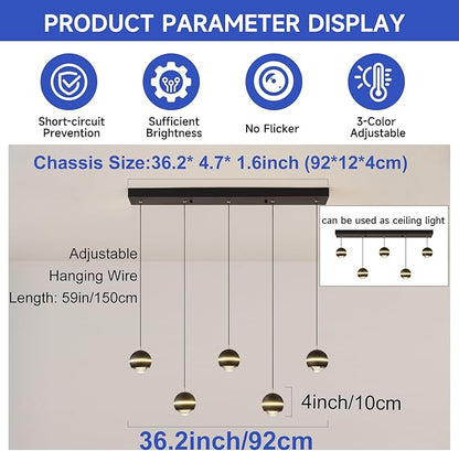 ORANOOR Modern LED Pendant Lights, Dimmable 36in Crystal Globe LED Chandelier Lighting, Black & Gold Dining Room Hanging Light Fixtures Kitchen Island Linear Pendant Light for Dining Table (3500lm)