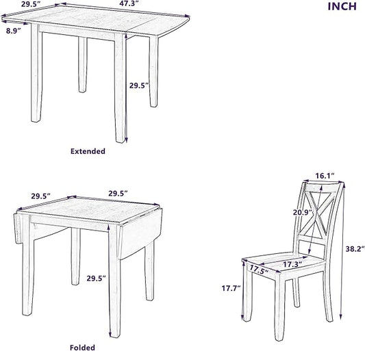 Merax Compact Dining Set for 2 Small Folding Kitchen Table with 2 Chairs Wood Dining Room Table Set for 2 with Foldable Table with Drop Leaf and High Back Chairs