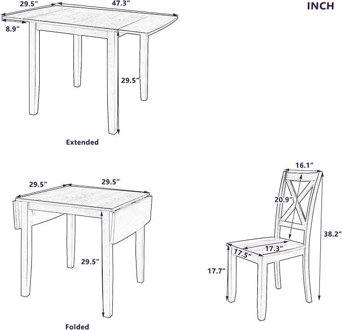 3-Piece Farmhouse Dining Table Set, Wood Drop Leaf Breakfast Nook Dining Table Set with 2 X-Back Chairs for Small Places (Brown+Drop Leaf*)