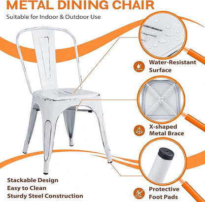 Shahoo Metal Dining Chairs Classic Iron Stackable Industrial Vintage Trattoria with Back, Indoor-Outdoor Side Settee for Home Bistro Cafe Kitchen Restaurant Set of 4, Old White