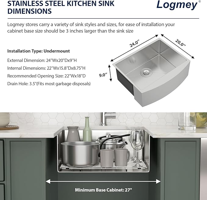 Logmey 24 Inch Farmhouse Sink 24x20 Apron Front Stainless Steel Farn Sinks 16 Gauge Single Bowl Kitchen Sink 24x20x9
