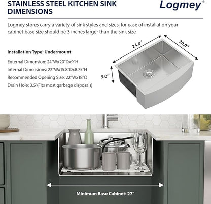 Logmey 24 Inch Farmhouse Sink 24x20 Apron Front Stainless Steel Farn Sinks 16 Gauge Single Bowl Kitchen Sink 24x20x9