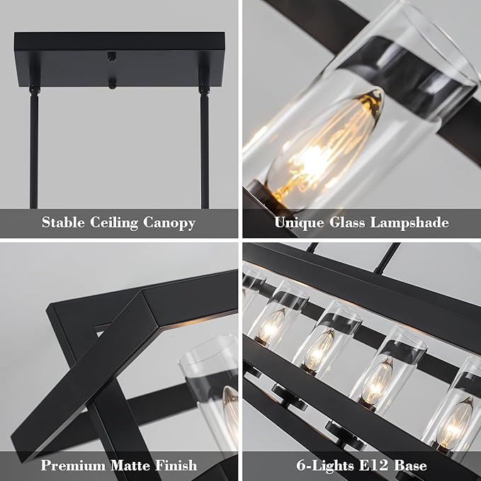41" Black Pendant Lights Kitchen Island, Dining Room Light Fixtures 6-Light Rectangle Glass Shade Kitchen Island Lighting, Large Chandeliers for Dining Room with Adjustable Height