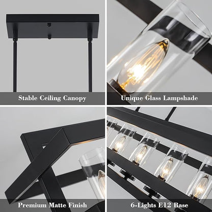 41" Black Pendant Lights Kitchen Island, Dining Room Light Fixtures 6-Light Rectangle Glass Shade Kitchen Island Lighting, Large Chandeliers for Dining Room with Adjustable Height