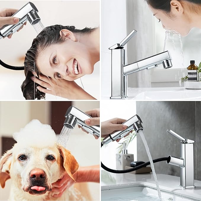 HANLIAN Single Hole Bathroom Pull Out Faucet with Rotating Spout, One Handle Faucet for Bathroom Sink, Modern Bathroom Faucet with Pull Down Sprayer, 3 Modes Lavatory Vanity Faucets (Chrome, Regular)