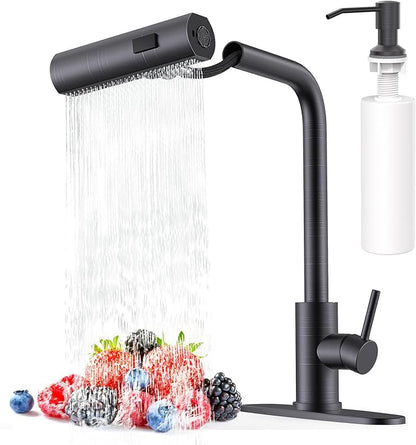 AVSIILE Kitchen Faucets with Pull Down Sprayer & Soap Dispenser, Single Hole & Handle, Oil Rubbed Bronze, Pull Out Tap, Stainless Steel Waterfall Sink Faucet Suitable for Farmhouse Camper Laundry Rv