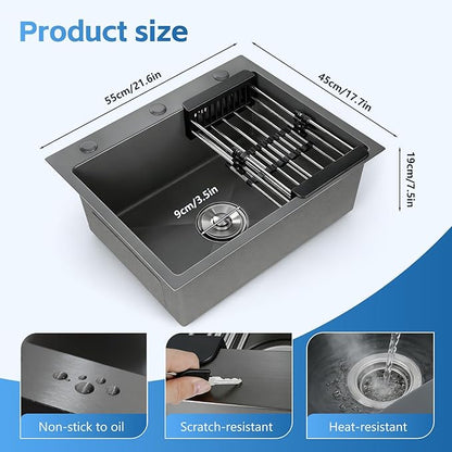 Black Kitchen Sink, Stainless Steel Single Bowl Sink, Drop In/Topmount Workstation Sink with Retractable Drain Basket, for Bar, Kitchen, Balcony, RV (21.6 * 17.7in)