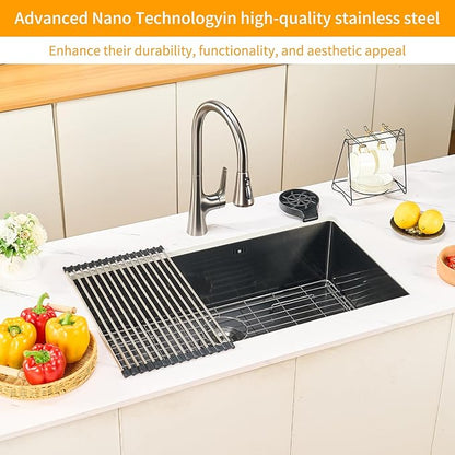 30 Inchs Undermount Kitchen Sinks, 30 x 19 x 9 Inch Black-Grey Single Bowl Sink,16 Gauge Stainless Steel Nano Black Sink with Accessories for Workstation, Prep Kitchen, Bar Sink(new)