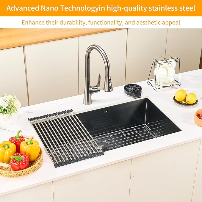 33 Inchs Undermount Kitchen Sink,33 x 19 x 9 Inch Black-Grey Single Bowl Sinks,16 Gauge Stainless Steel Nano Black Sinks with Accessories for Workstation, Prep Kitchen, Bar Sink Drop-in