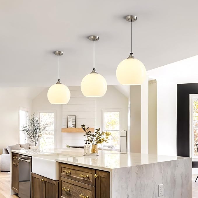 Milky Luster Glass Pendant Lights Kitchen Island Globe Pendant Light Fixtures Modern Pendant Lighting for Bedroom Living Dining Room Light Fixture (7.87 in, 2 Pack)