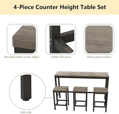 Merax Modern Design 4-Piece Counter Height Extra Long Dining Table Set with 3 Stools and Side Table with Footrest,Space-Saving Pub Kitchen Set,Easy Assembly,Brown Gray