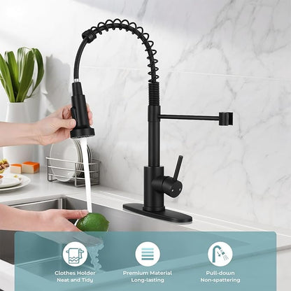 Kitchen Faucet with Pull Down Sprayer,Commercial Single Handle Stainless Steel Kitchen Faucets with Deck Plate (Matte Black)