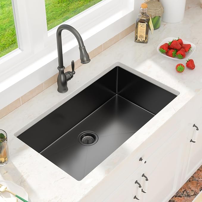 33 Inch Black Undermount Kitchen Sink-33x19 Gunmetal Black Undemrount Sink 18 Gague Stainless Steel Single Bowl Handmade Sinks Large Deep Under Counter Basin 33"x19"x9"