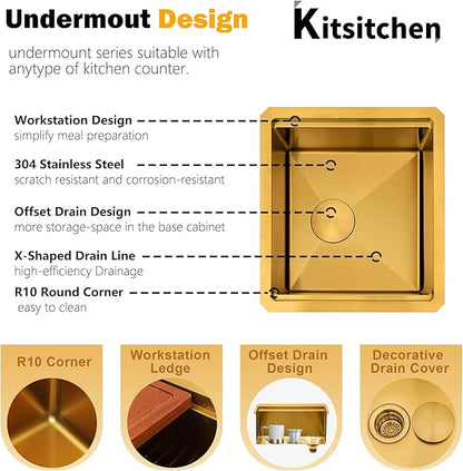 Kitsitchen Gold Bar Sink Undermount,16 Inch Small Bar & Prep Sinks,16 Gauge Stainless Steel Bar Sink with Workstation for Wet Bar Area,Round Corner & Offset Drain Design(16" X 18"X 10")