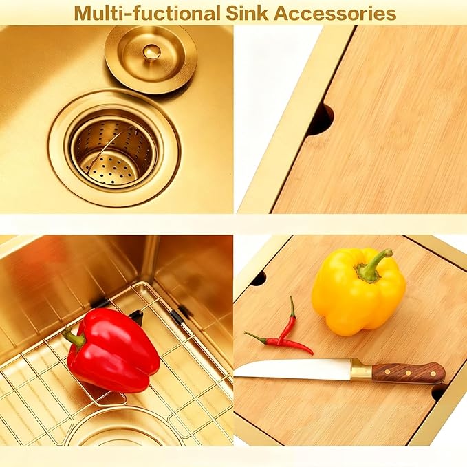 Gold Bar Sink, 16 Gauge T-304 Stainless Steel Undermount Kitchen Sink, 15 Inch Small Kitchen Sink with Accessories, 15" x 17" x 10" Single Bowl Workstation Sink For Wet Bar, Outdoor, RV