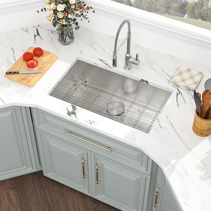 Kichae 30 Inch Undermount Kitchen Sink Single Bowl 16 Gauge Stainless Steel Under Counter Round Corner Handmade Kitchen Sink Single Basin,30x18x9 Inch