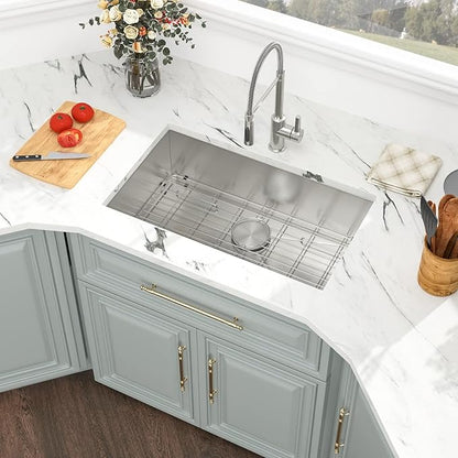 Kichae 30 Inch Undermount Kitchen Sink Single Bowl 16 Gauge Stainless Steel Under Counter Round Corner Handmade Kitchen Sink Single Basin,30x18x9 Inch