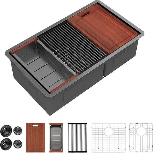 Sarlai 33 Inch Black Undermount Kitchen Sink Double Bowl 33 x 19 Inch Low Divided Gunmetal Black Workstation Double Kitchen Sink Stainless Steel 16 Gauge 60/40 Sinks Basin