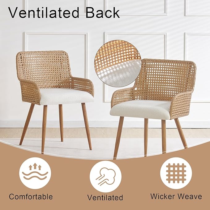 Rattan Dining Chairs,Upholstered Boucle Fabric Dining Chairs with Armrest and PE Cane Backrest, Mid Century Modern Dining Room Chairs with Metal Legs for Kitchen Island,Set of 2