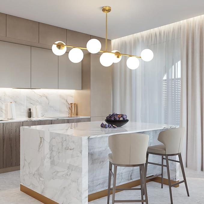 KELUOLY Linear Chandelier for Dining Room, 7-Light Gold Mid Century Pendant Light, 45" Modern Sputnik Kitchen Light Fixture Brushed Brass Finish with White Glass Lampshade for Office, Cafe, bar