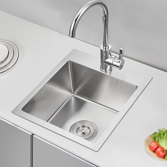 13 × 15 x 8 inch Drop in Bar Sink, Topmount Small Kitchen Sink Single Bowl, Handmade T-304 Stainless Steel Overmount Kitchen Bar Sink with Basket Strainer