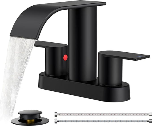 FORIOUS Matte Black Bathroom Faucets, Waterfall 4 Inch Centerset Bathroom Sink Faucet with Metal Pop up Drain and cUPC Hose for Basin, Vanity, RV, Pedestal 2 or 3 Hole Sink