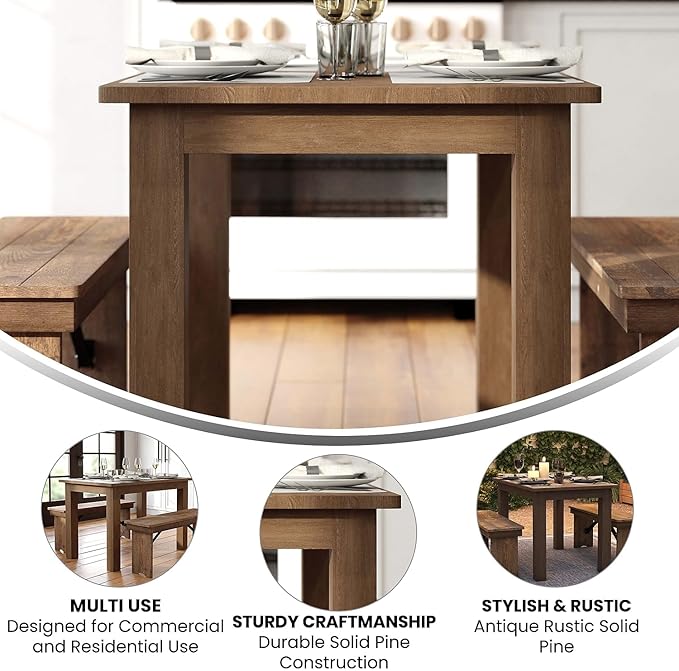 Flash Furniture HERCULES 46" x 30" Rectangular Antique Rustic Solid Pine Farm Dining Table