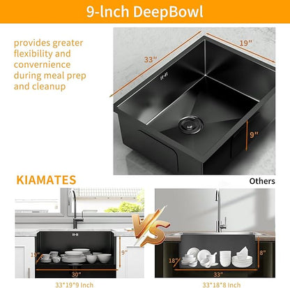 33 Inchs Undermount Kitchen Sink,33 x 19 x 9 Inch Black-Grey Single Bowl Sinks,16 Gauge Stainless Steel Nano Black Sinks with Accessories for Workstation, Prep Kitchen, Bar Sink Drop-in
