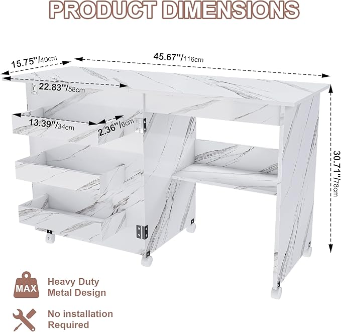 White Folding Dining Table with Wheels, 4-in-1 Versatile Table with Storage Rack and Cabine,Marble Color Kitchen Island, Side Table and Coffee Table Table,Space Saving