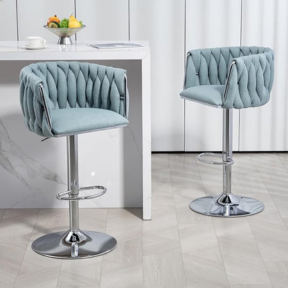 360° Swivel Fabric Bar Stools Set of 2 (Blue) - Adjustable Counter Height Chairs with Woven Back, Footrest,Silver Chrome Metal Frame - Sturdy 250LBS Capacity for Kitchen Island, Cafe, Pub.
