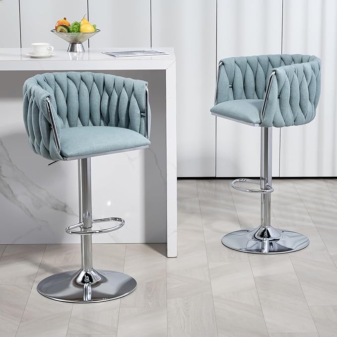 360° Fabric Cover Swivel Bar Stools Set of 2, Adjustable Counter Height Bar Chairs with Woven Back Footrest, Silver Chromed Bar Stools for Kitchen Island, Cafe, Pub (Blue)