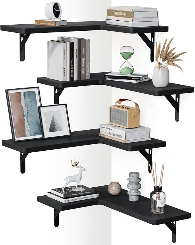 AMADA HOMEFURNISHING Corner Floating Shelves, Set of 4 Corner Wall Shelves, Shelves for Wall Decor, Corner Wood Shelves for Home Decor, Office, Bedroom, Bathroom, Laundry Room, Kitchen, Black